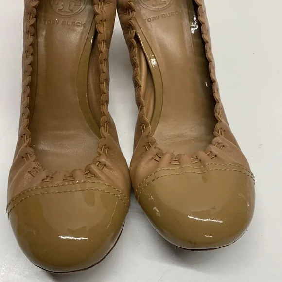 Tory Burch Romy High Heels Shoes Patent Leather Cap Toe Scrunched Brown Tan 7.5 - Picture 7 of 13